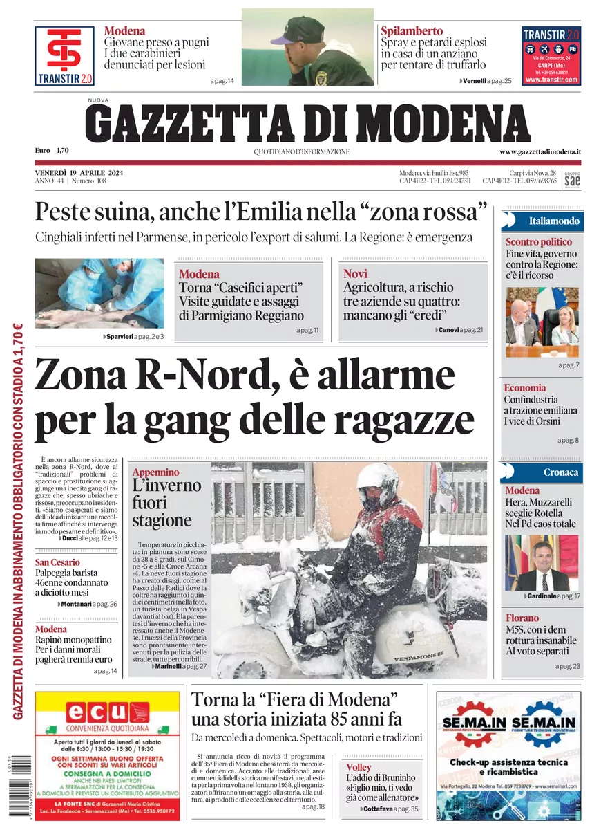 Prima-pagina-gazzetta di modena-oggi-edizione-del-2024-04-19